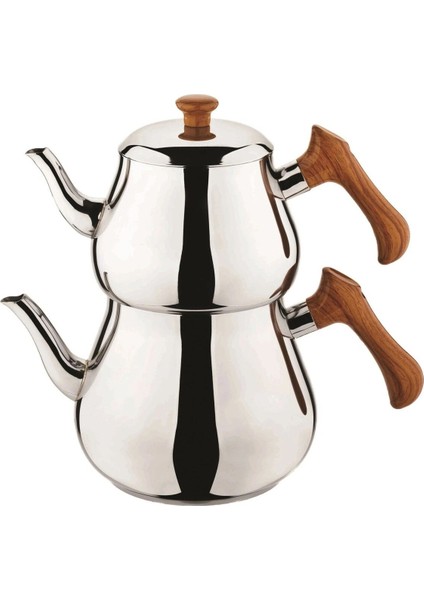 Ahşap ve metal detaylı piramit tasarımlı şık çaydanlık, paslanmaz çelik, metalik renk