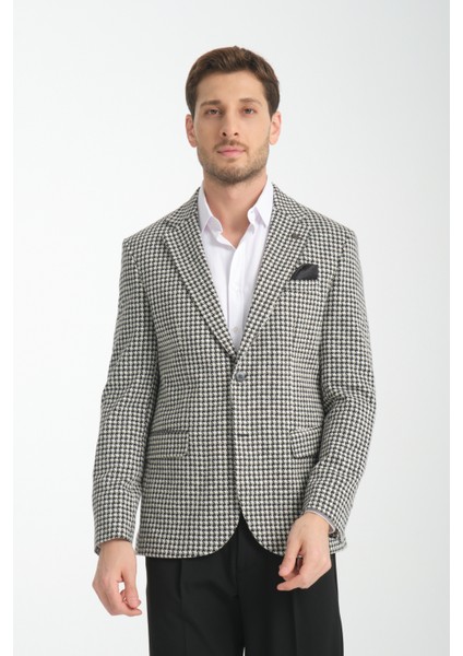 Remos Erkek Siyah Kazayağı Desenli Esneyen Kumaş Mono Yaka Spor Blazer Ceket