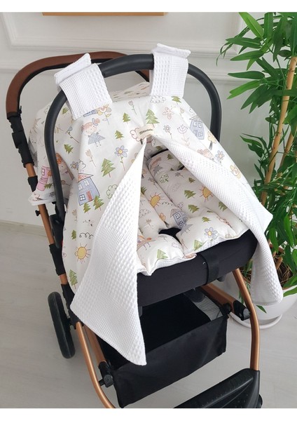 Ev Desenli Çift Taraflı Bebek Puset Örtüsü , Puset Minderi