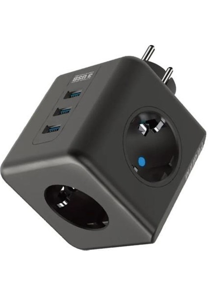 Buffer® Isıya Dayanıklı Termal Akım Korumalı ve Çocuk Korumalı 3 Priz Girişli 3 USB Girişli Küp Priz
