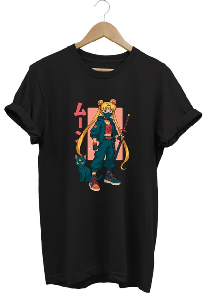 Anime Sailor Moon Usagi Katana Baskılı Kadın Tişört %100 Pamuk Regular Fit Bisiklet Yaka T-Shirt