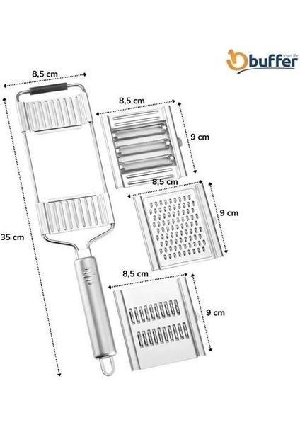 Buffer® Ayarlanabilir 3 Farklı Başlıklı Tutmalı Sebze Dilimleyici Peynir Rendeleyici Aparat