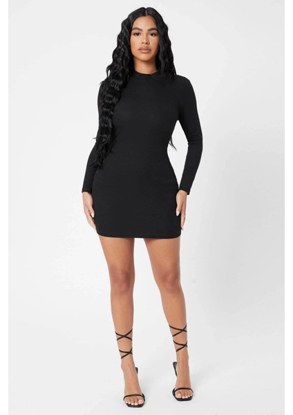 Kadın Siyah Kaşkorse Balıkçı Yaka Uzun Kollu Bodycon Mini Elbise modelleri