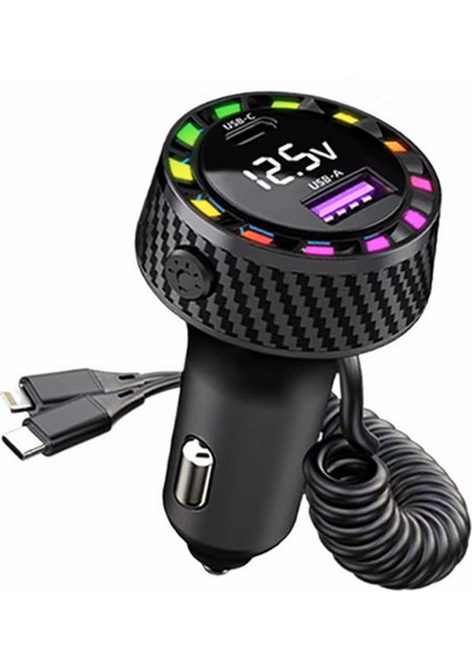 Rgb LED Karbon Desenli Yaylı Kablolu 15W Araç Çakmaklık Şarj Cihazı - iPhone & Type-C Çıkışlı FR-422