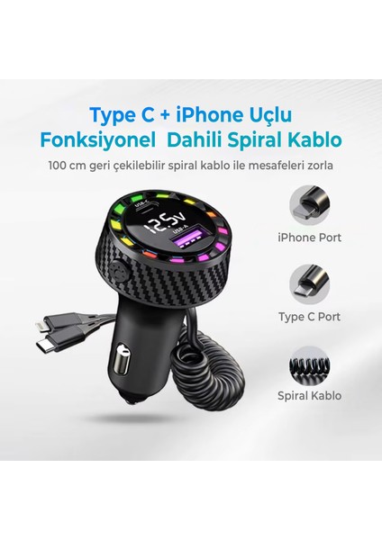 Rgb LED Karbon Desenli Yaylı Kablolu 15W Araç Çakmaklık Şarj Cihazı - iPhone & Type-C Çıkışlı FR-422 fiyatları