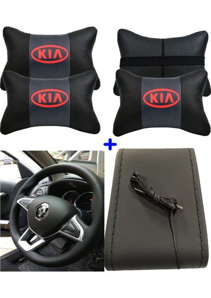 Kia Sportage Serisine Uyumlu Dikmeli Direksiyon Kılıfı+2'li Oto Boyun Yastığı(Deri Set)