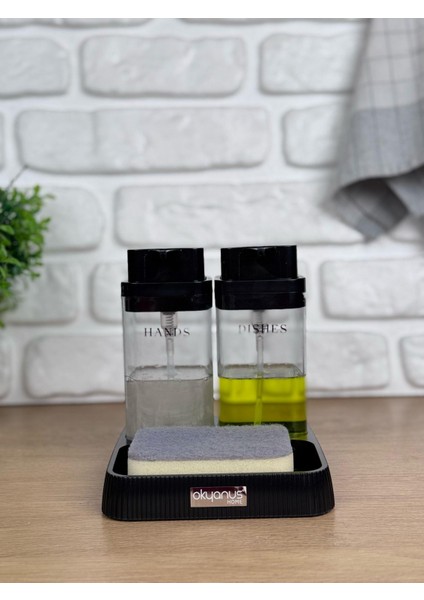 Siyah Deluxe Kare Standlı Şeffaf Sıvı Sabunluk ve Deterjanlık