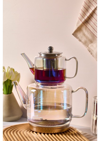 Elio Luster Indüksiyon Tabanlı Borosilikat Cam Çaydanlık Takımı 500 ml Demlik 1800 ml Suluk