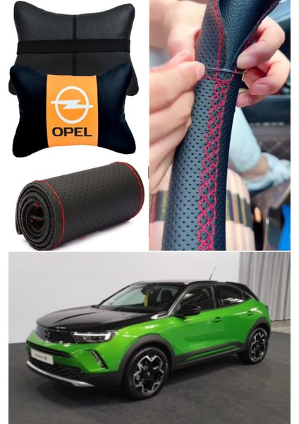 Opel Mokka Direksiyon Kılıfı Dikmeli Nokta Siyah Ultra Esnek Ithal Deri & 2'li Boyun Yastığı