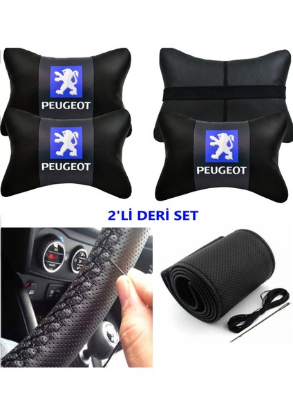 Peugeot 407 Uyumlu Dikmeli Direksiyon Kılıfı+2'li Oto Boyun Yastığı (Lüks Deri Set)