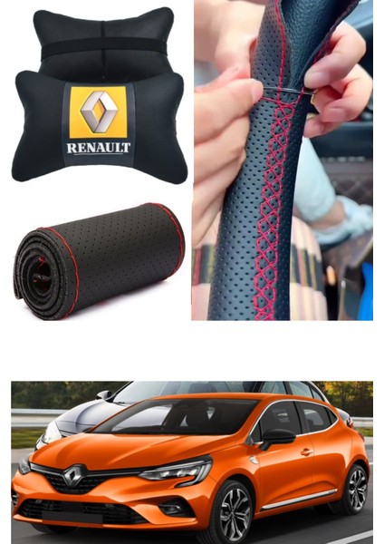 Reno Clio Direksiyon Kılıfı Dikmeli Nokta Desenli Ultra Esnek Ithal Deri & 2'li Lüks Boyun Yastığı modelleri