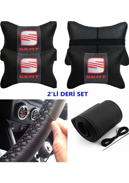 Seat AtegaUyumlu Dikmeli Direksiyon Kılıfı+2'li Oto Boyun Yastığı (Lüks Deri Set)