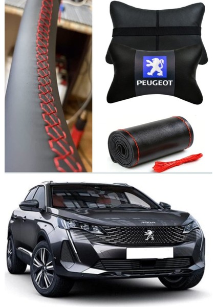 PEUGEOT-3008 Serisi Direksiyon Kılıfı Dikmeli& 2'li Oto Boyun Yastığı(Ultra Lüks Kalite)