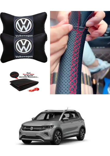Volkswagen T-Cross Direksiyon Kılıfı Düz Siyah Ultra Esnek Dikmeli & 2'li Lüks Boyun Yastığı