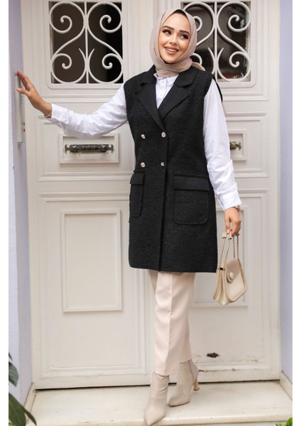 Düğmeli Siyah Tesettür Yelek 61392S