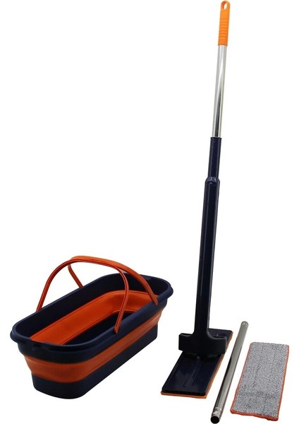 Kendinden Sıkmalı Katlanır -Tekerli Kovalı Mop Seti - Yedek Bezli (360° BAŞLIK=11.5X41CM- SAP:130CM)