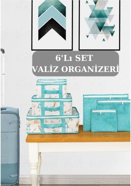 6'lı Bavul Valiz Organizer - Yeni Doğan Hastane Seti - Desenli Anne Bebek Valiz Içi Düzenleyici Hur