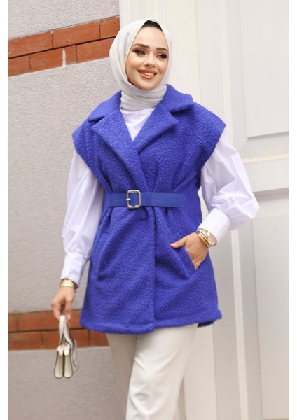 Kemer Detaylı Sax Mavisi Tesettür Yelek 61371SX