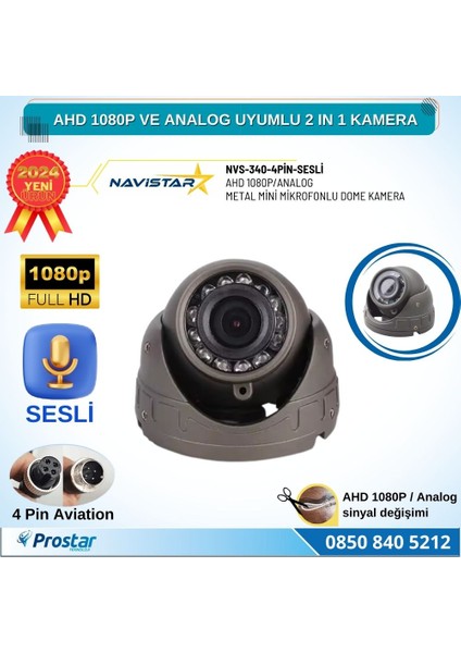 Mikrofonlu Ahd 1080P ve Analog Pal Dönüşümlü Gece Görüşlü 4 Pin Mini Metal Dome Araç Kamerası