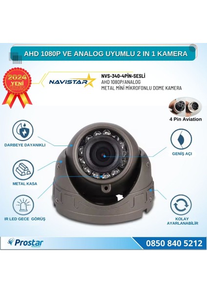 Mikrofonlu Ahd 1080P ve Analog Pal Dönüşümlü Gece Görüşlü 4 Pin Mini Metal Dome Araç Kamerası