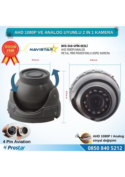 Mikrofonlu Ahd 1080P ve Analog Pal Dönüşümlü Gece Görüşlü 4 Pin Mini Metal Dome Araç Kamerası