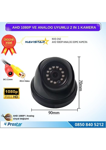 Ahd 1080P ve Analog Pal Çevrilebilir Plastik Mini Dome Araç Kamerası