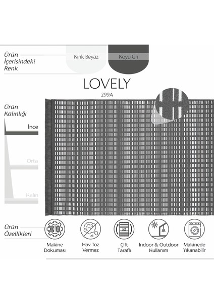 Lovely Koyu Gri Kilim Halı Çift Taraflı Makinede Yıkanabilir Yazlık Kilim Mutfak Balkon Banyo Kilimi