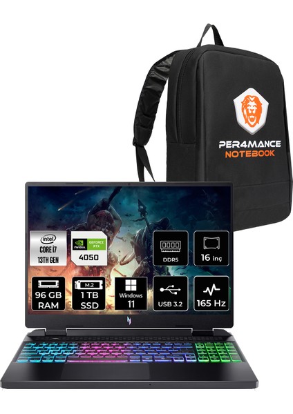 Nitro 16 Intel Core I7 13620H 96GB 1tb SSD RTX4050/6GB 140W 16" Fhd+ 165Hz Windows 11 Home Taşınabilir Bilgisayar & Per4 Çanta NHQJMEY007P378