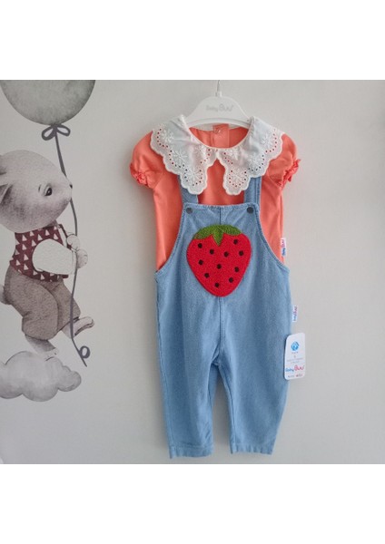 Bebe Yaka Çilek Detaylı Kız Bebek Salopeti