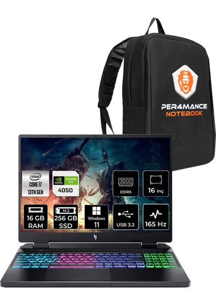 Nitro 16 Intel Core I7 13620H 16GB 256GB SSD RTX4050/6GB 140W 16" Fhd+ 165Hz Windows 11 Home Taşınabilir Bilgisayar & Per4 Çanta NHQJMEY007P346