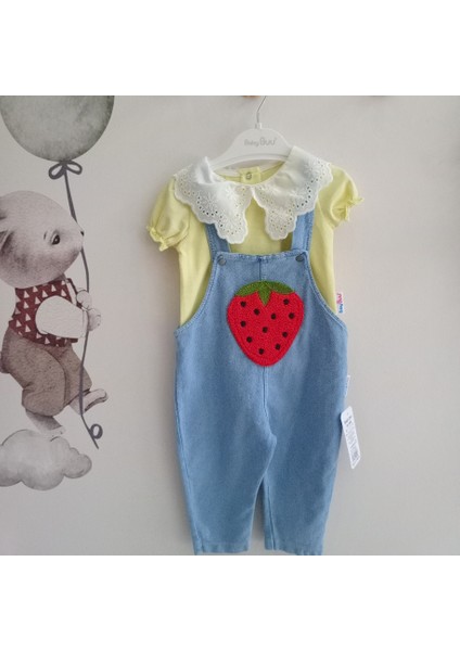 Bebe Yaka Çilek Detaylı Kız Bebek Salopeti