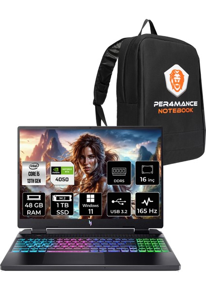 Nitro 16 Intel Core I5 13420H 48GB 1tb SSD RTX4050/6GB 140W 16" Fhd+ 165Hz Windows 11 Home Taşınabilir Bilgisayar & Per4 Çanta NHQJMEY005P368