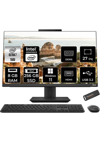 A5702 Intel Core Ultra 7 150U 8gb 256GB SSD 27" Fhd W11P All In One Bilgisayar & Per4 USB Bellek A5702I7161TBB0DP381