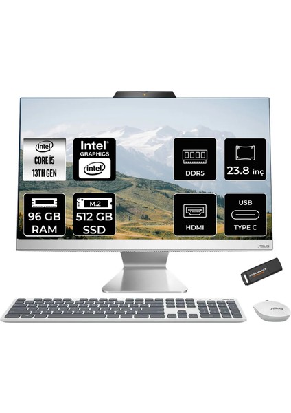 A3402 Intel Core I5 1335U 96GB 512GB SSD 23.8" Fhd Fdos All In One Bilgisayar & Per4 USB Bellek A3402MMC215WP337