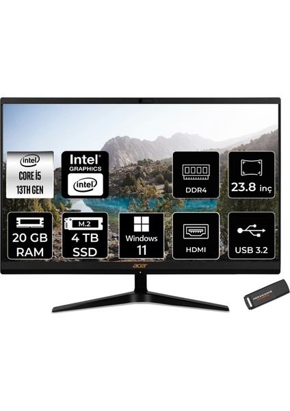 Aspire C24 Intel Core I5 1335U 20GB 4tb SSD 23.8" Fhd Windows 11 Pro All In One Bilgisayar & Per4 USB Bellek DQBKMEM006P420