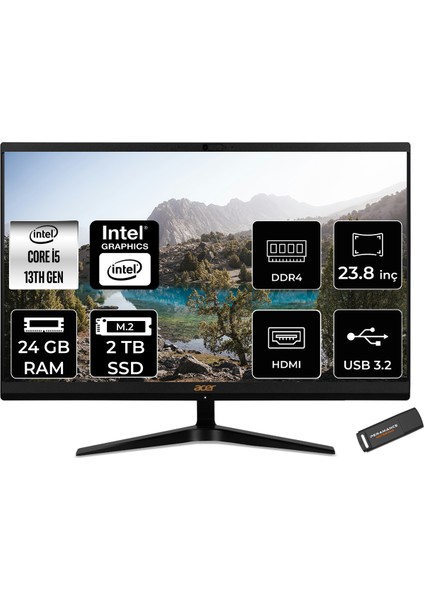Aspire C24 Intel Core I5 1335U 24GB 2tb SSD 23.8" Fhd Fdos All In One Bilgisayar & Per4 USB Bellek DQBKMEM006P324