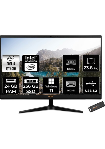 Aspire C24 Intel Core I5 1335U 24GB 256GB SSD 23.8" Fhd Windows 11 Pro All In One Bilgisayar & Per4 USB Bellek DQBKMEM006P421