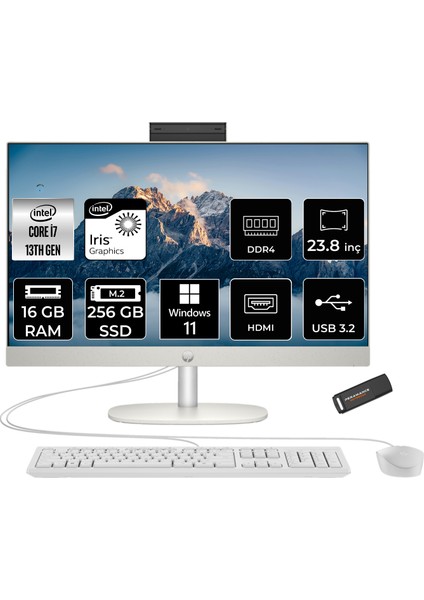 Proone 240 G10 Intel Core I7 1355U 16GB 256GB SSD 23.8" Fhd Windows 11 Pro All In One Bilgisayar & Per4 USB Bellek A1JY8ESPN411