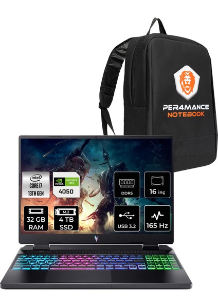 Nitro 16 Intel Core I7 13620H 32GB 4tb SSD RTX4050/6GB 140W 16" Fhd+ 165Hz Fdos Taşınabilir Bilgisayar & Per4 Çanta NHQJMEY007P320