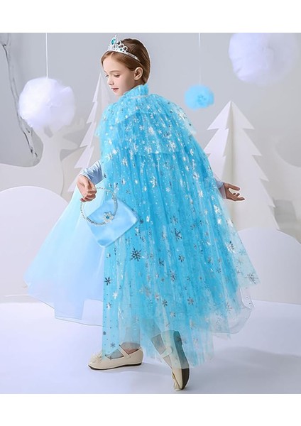 Karlar Ülkesi Elsa Frozen Mavi Pelerin – 80 cm Kar Desenli Çocuk Pelerini ( Taç Hariç )
