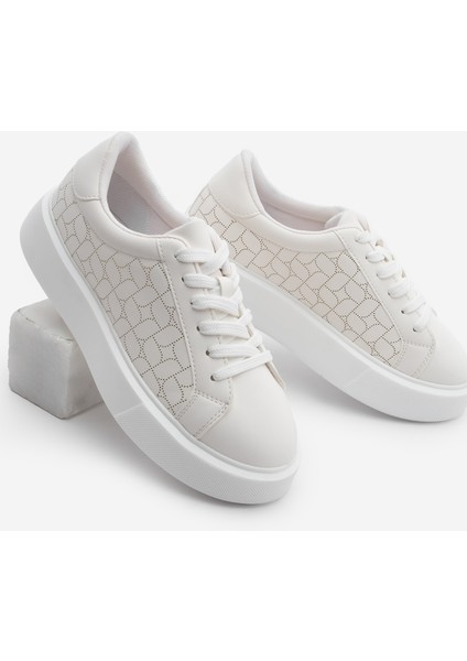Kadın Sneaker Kalın Taban Desenli Bağcıklı Spor Ayakkabı Linay Beyaz