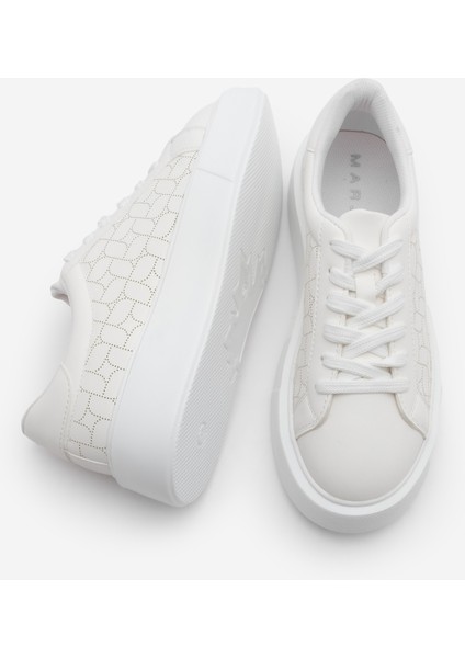 Kadın Sneaker Kalın Taban Desenli Bağcıklı Spor Ayakkabı Linay Beyaz