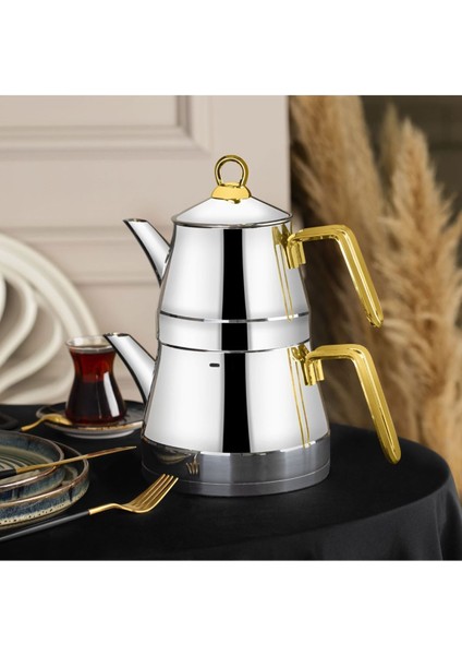 Aile Boy Gold Çaydanlık Takımı, dayanıklı ve şık paslanmaz çelik tasarım