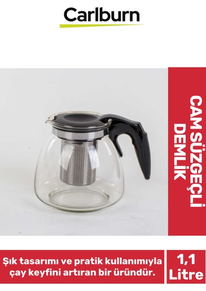 Özel Üretim Şeffaf Şık Tasarım Demleme Süresi Hızlandıran Cam Süzgeçli Demlik 1.1 Litre