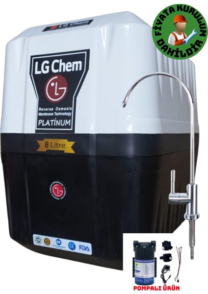 Lg Chem Ücretsiz Montajlı-Pompalı Platınum Special 8 Litre 7 Filtre 14 Aşama Gümüş Iyon & Mineral & Alkali Filtreli 90 Gpd Nano Membranlı Su Arıtma Cihazı
