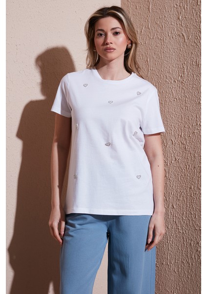 Taşlı % 100 Pamuk Regular Fit Bisiklet Yaka Bluz Bayan Bluz 25Y0414K1