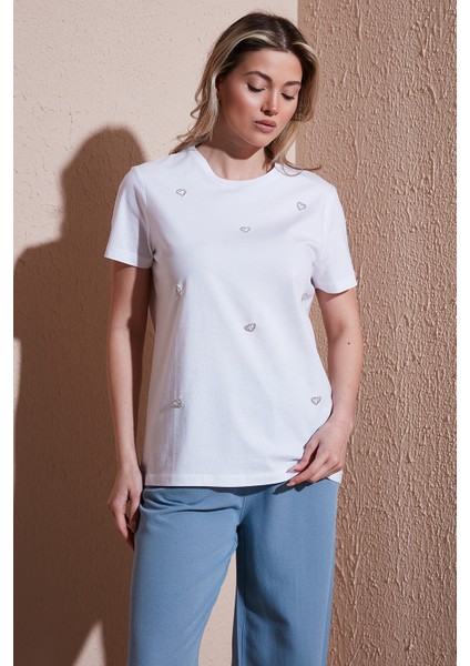 Taşlı % 100 Pamuk Regular Fit Bisiklet Yaka Bluz Bayan Bluz 25Y0414K1 fırsatları