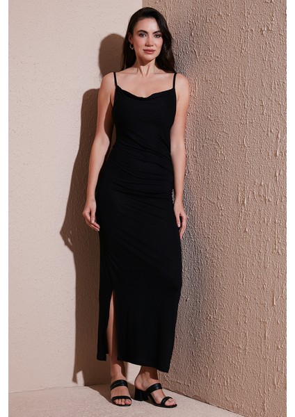 Büzgü Detaylı Slim Fit Yırtmaçlı Uzun Boy Asimetrik Yaka Elbise Bayan Elbise 5866291