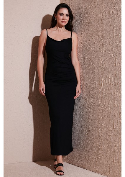 Büzgü Detaylı Slim Fit Yırtmaçlı Uzun Boy Asimetrik Yaka Elbise Bayan Elbise 5866291 fiyatları
