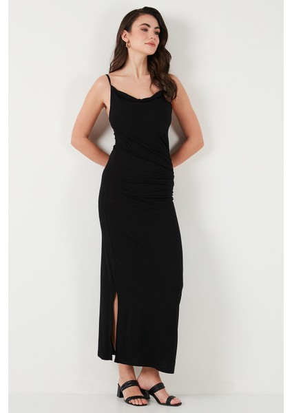 Büzgü Detaylı Slim Fit Yırtmaçlı Uzun Boy Asimetrik Yaka Elbise Bayan Elbise 5866291 modelleri